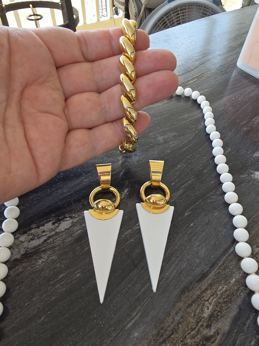 White Milk Glass Monet, Gold Link Bracelet White Gold-Tone Triangle Earrings Set